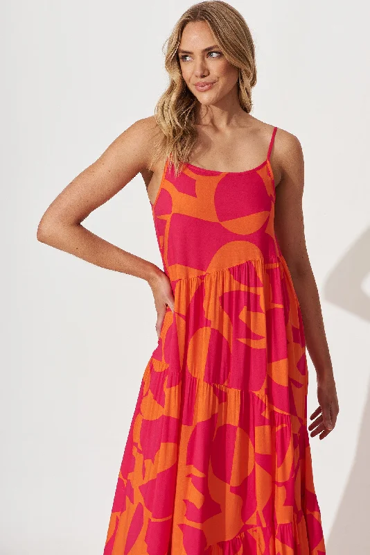 Matilda Maxi Sundress In Tangerine With Pink Print