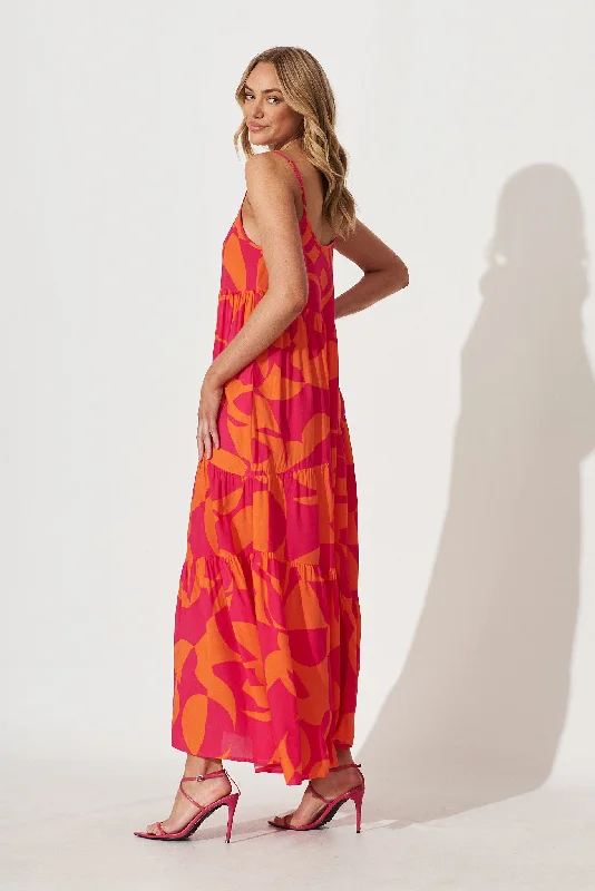 Matilda Maxi Sundress In Tangerine With Pink Print