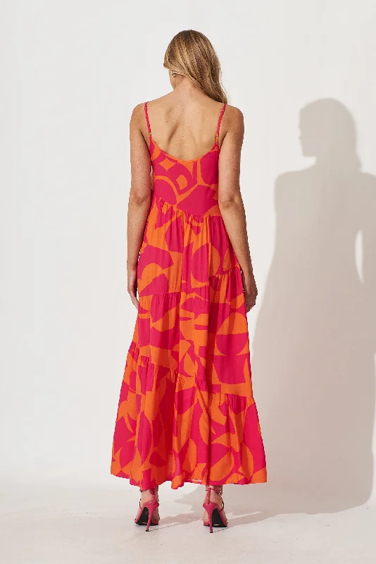 Matilda Maxi Sundress In Tangerine With Pink Print