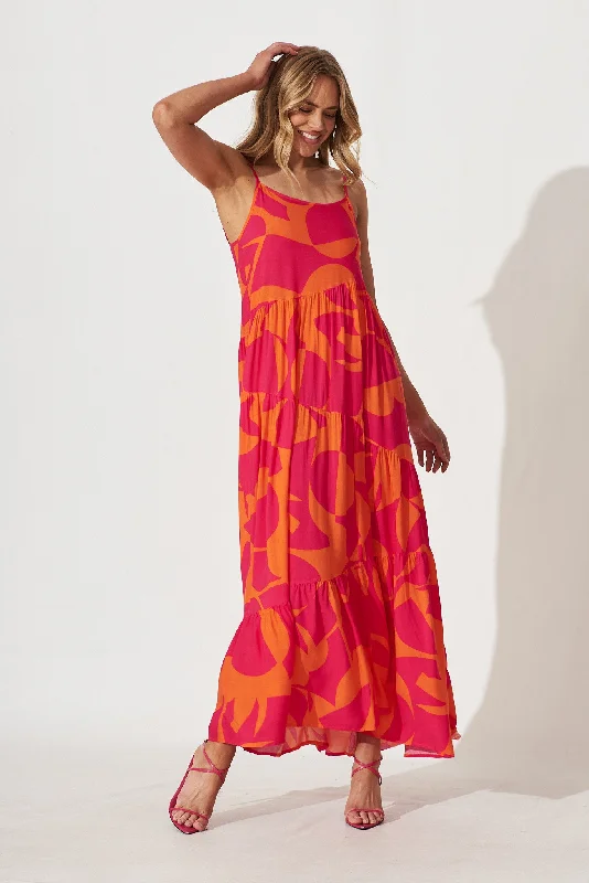 Matilda Maxi Sundress In Tangerine With Pink Print