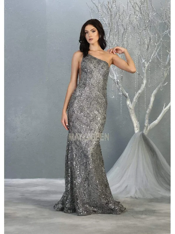 May Queen - One Shoulder Strap Fitted Mermaid Dress MQ1804 - 1 pc Silver In Size 14 Available