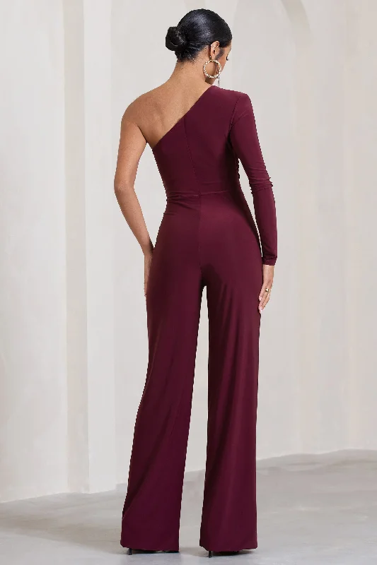 Mila | Burgundy One Shoulder Ruched Wide Leg Jumpsuit