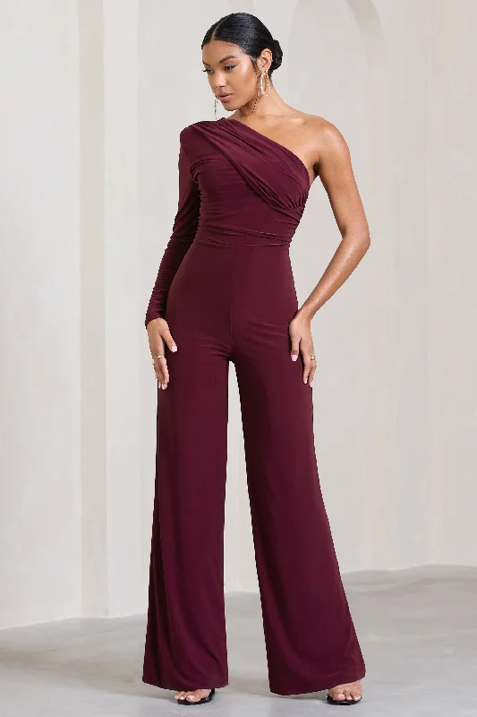 Mila | Burgundy One Shoulder Ruched Wide Leg Jumpsuit