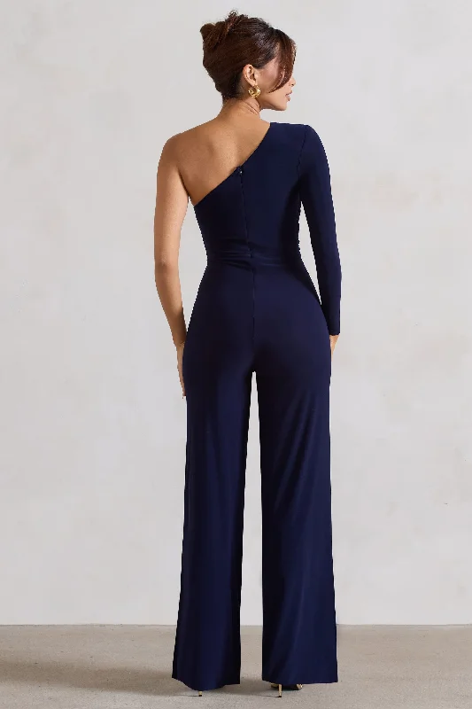 Mila | Navy One Shoulder Ruched Wide Leg Jumpsuit