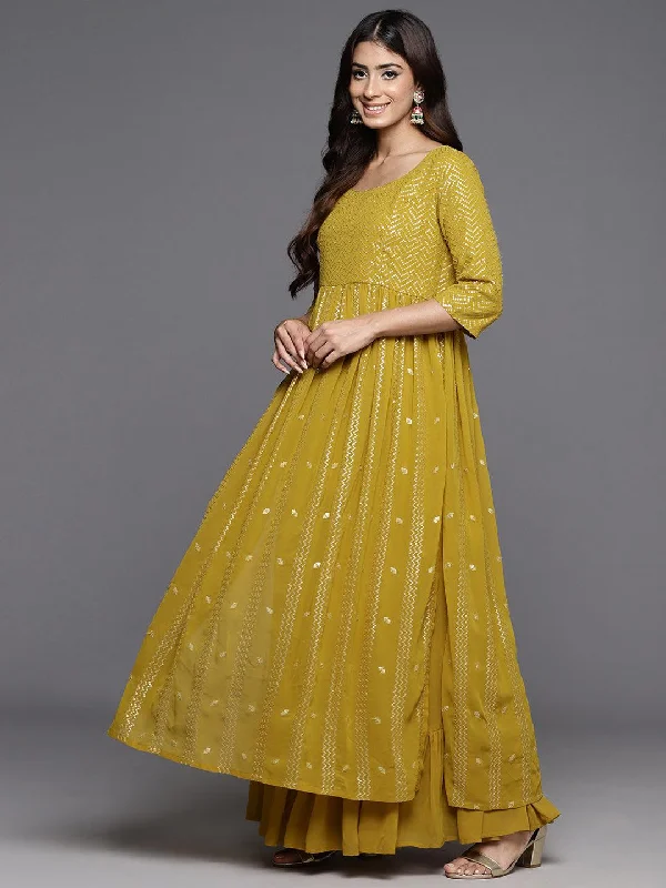 Mustard Embroidered Georgette A-Line Kurta With Palazzos & Dupatta