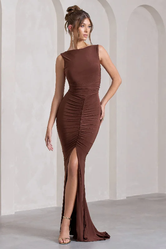 My Presence | Chocolate Brown Low-Back Fishtail Split Maxi Dress