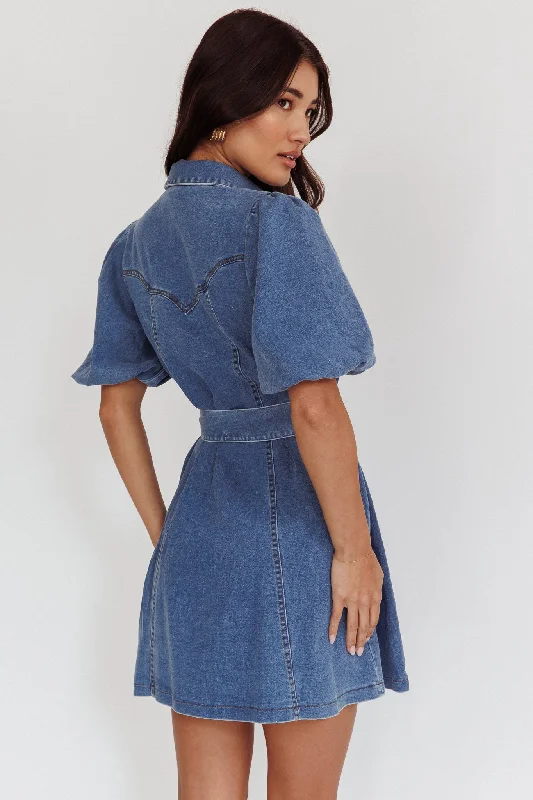 Myleigh Puff Sleeve Waist Tie Mini Dress Denim Blue