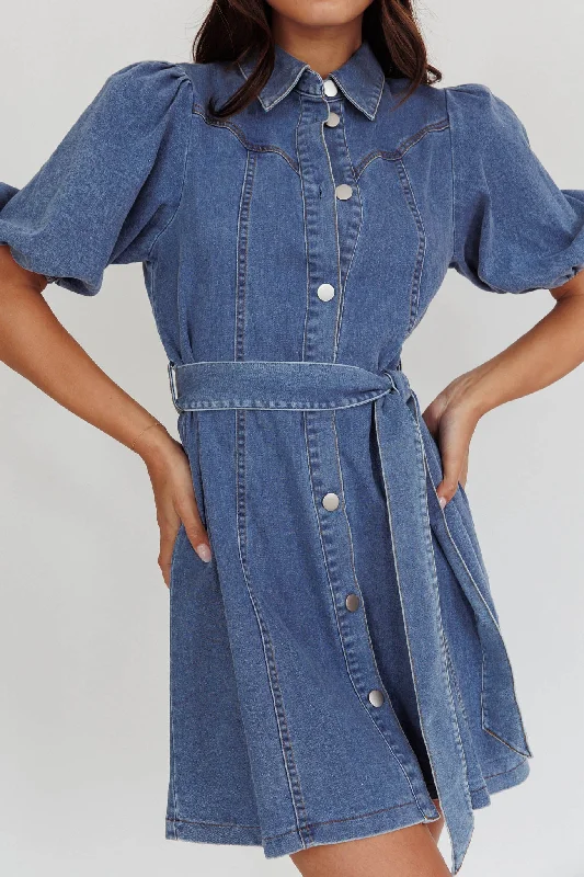 Myleigh Puff Sleeve Waist Tie Mini Dress Denim Blue