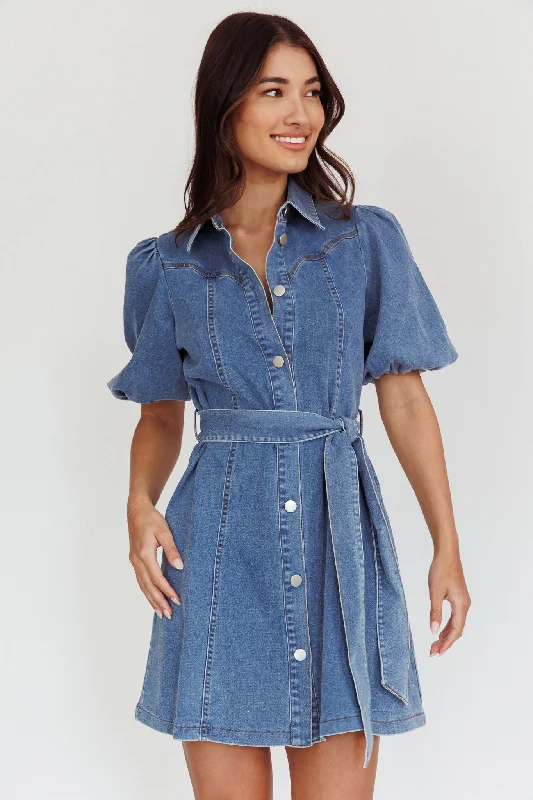 Myleigh Puff Sleeve Waist Tie Mini Dress Denim Blue