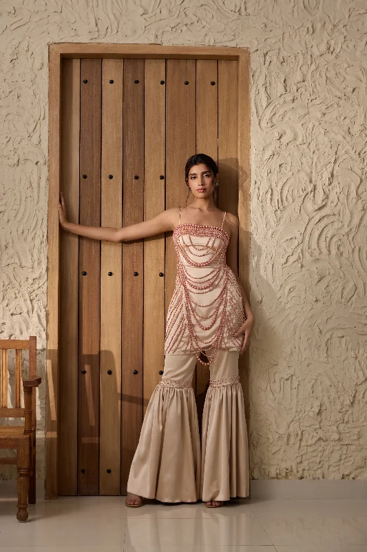 Nadira Champagne Hand-Embroidered Sharara Set