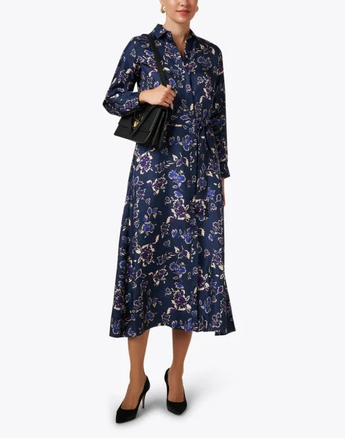 Navy Floral Silk Shirt Dress