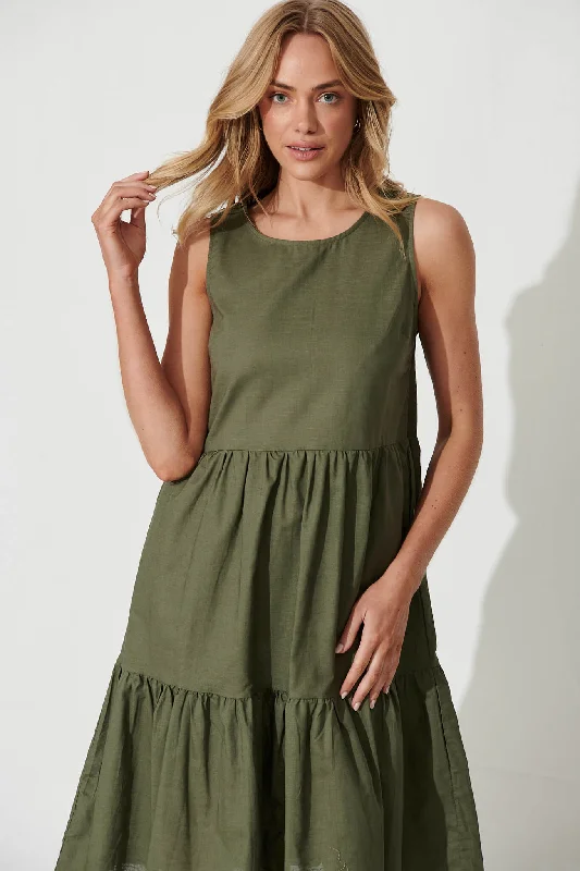 Nayeli Midi Dress In Khaki Linen Blend