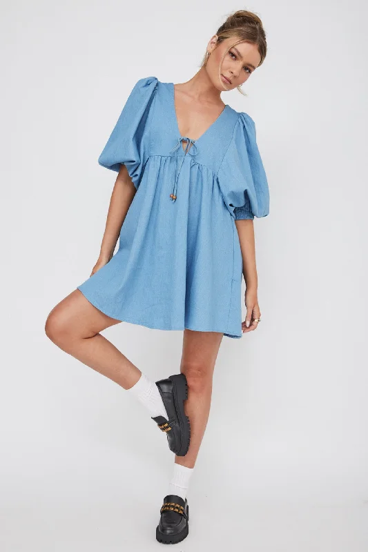 New Haven Puff Sleeve Swing Dress Denim