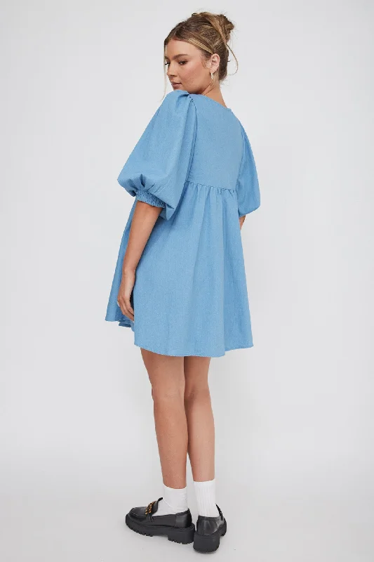 New Haven Puff Sleeve Swing Dress Denim