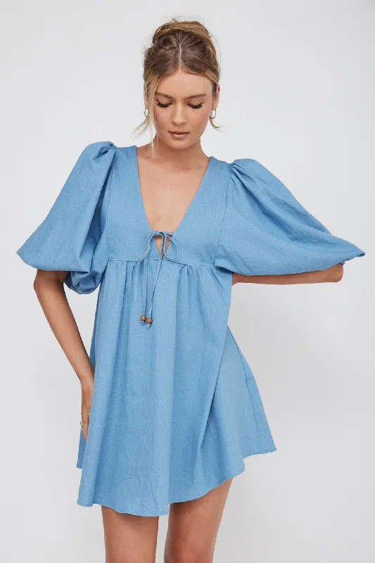 New Haven Puff Sleeve Swing Dress Denim