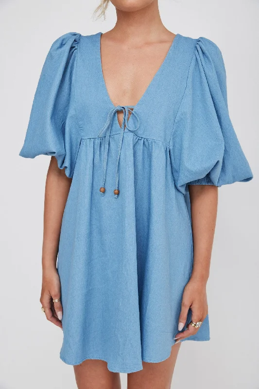 New Haven Puff Sleeve Swing Dress Denim