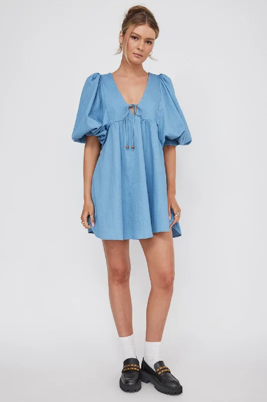 New Haven Puff Sleeve Swing Dress Denim