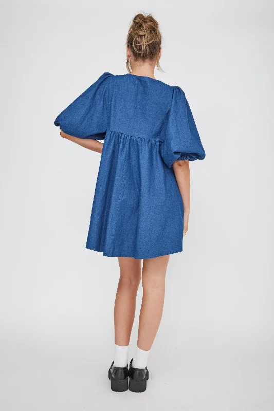 New Haven Puff Sleeve Swing Dress Indigo