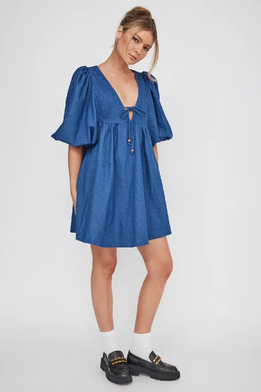 New Haven Puff Sleeve Swing Dress Indigo