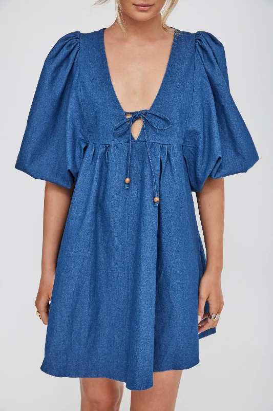 New Haven Puff Sleeve Swing Dress Indigo