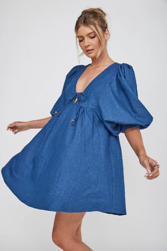 New Haven Puff Sleeve Swing Dress Indigo