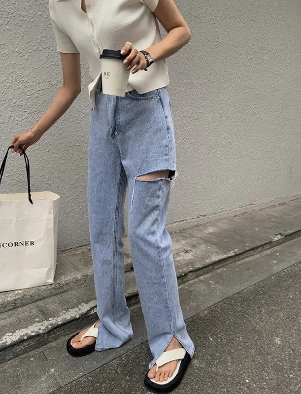 Flytonn-Korean style, Casual fashion, INS dressing, Lazy style, Graduation gift 
NO. 1398 HIGH WAIST RIPPED JEANS