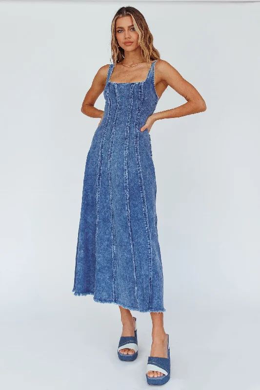 Northern Sky Fringe Trim Midi Dress Dark Blue