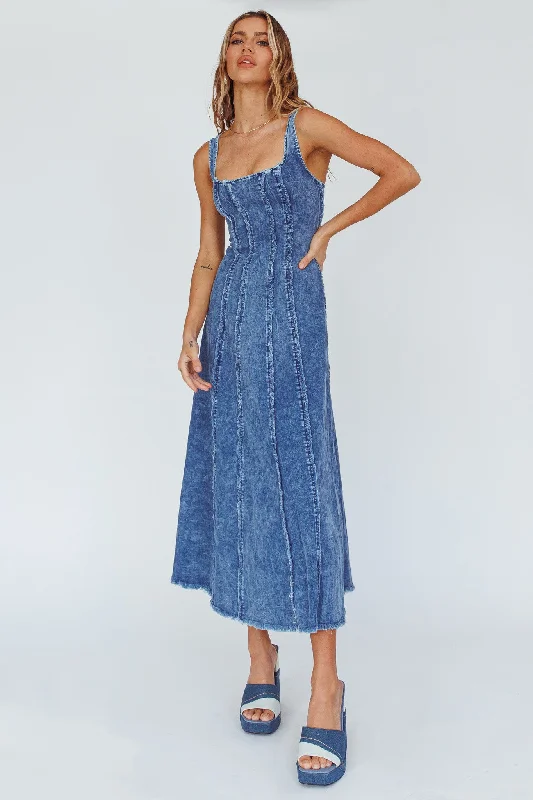 Northern Sky Fringe Trim Midi Dress Dark Blue