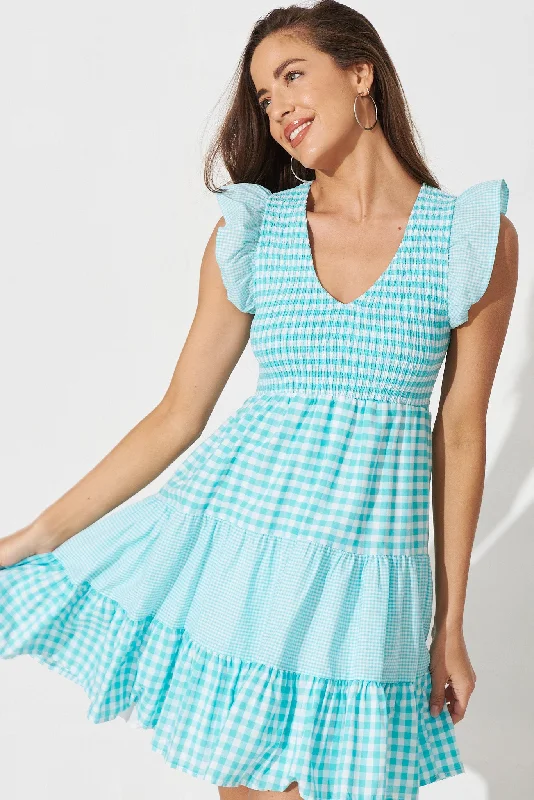 Odell Dress In White With Blue Gingham Check Cotton