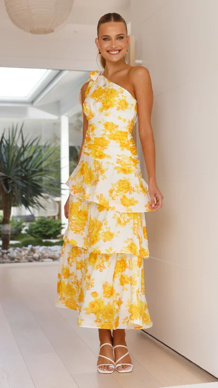 Odilie One Shoulder Maxi Dress - Yellow Floral