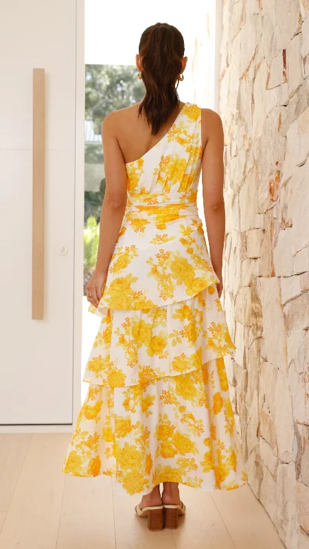 Odilie One Shoulder Maxi Dress - Yellow Floral