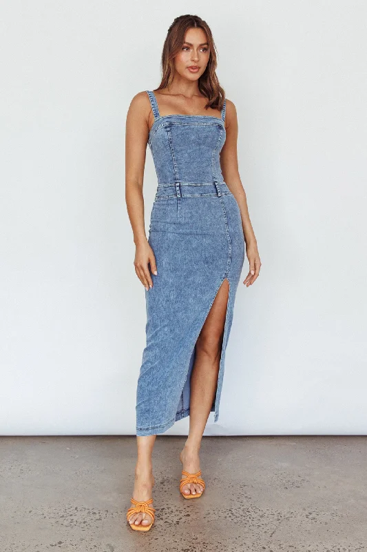 Onyx Thigh Split Midi Dress Denim