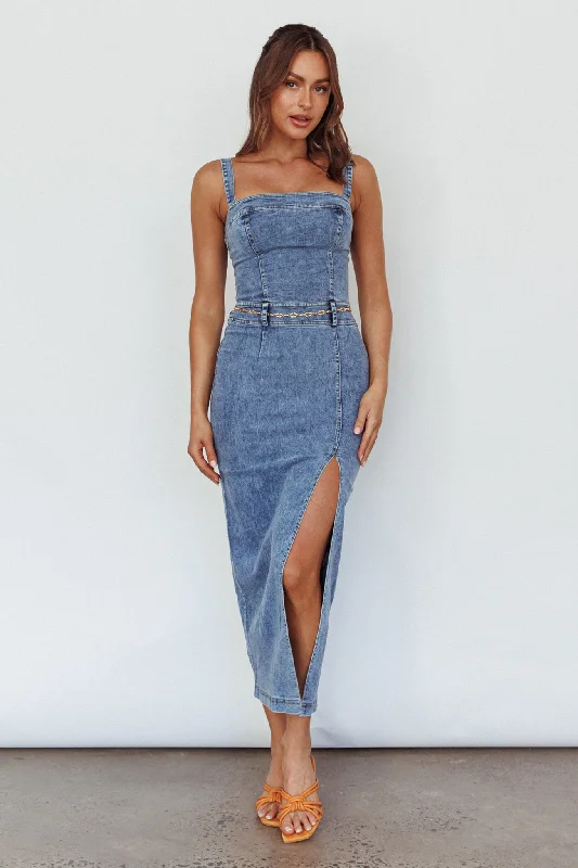 Onyx Thigh Split Midi Dress Denim