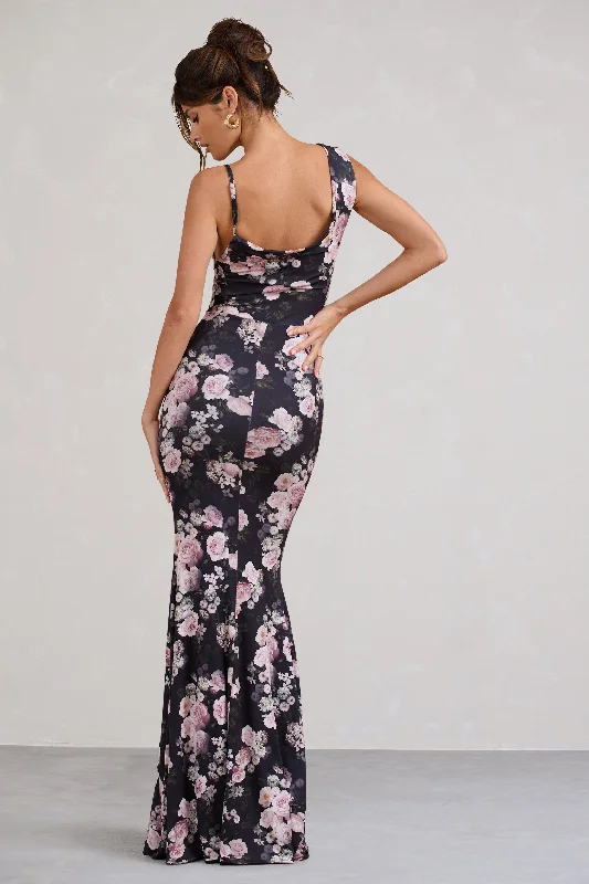 Phantasy | Black & Pink Floral Print Asymmetric Neckline Cowl Maxi Dress