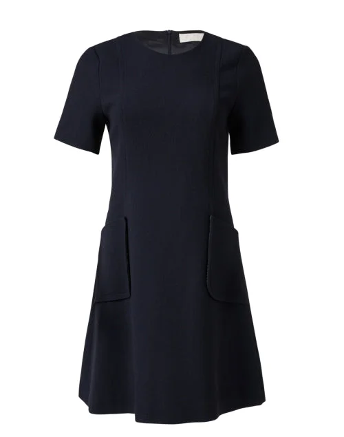 Pia Navy Wool Crepe Shift Dress