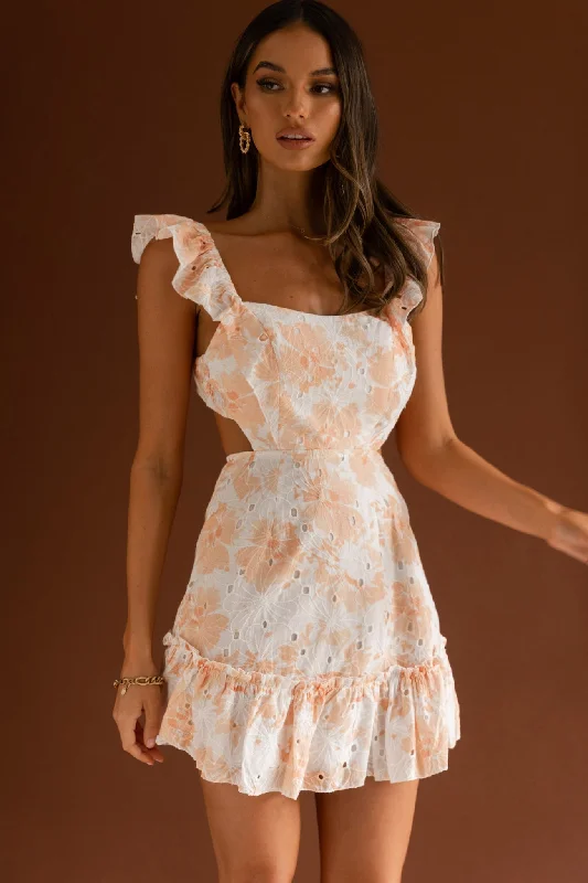 Porcia Tied Back Frill Dress Floral Orange