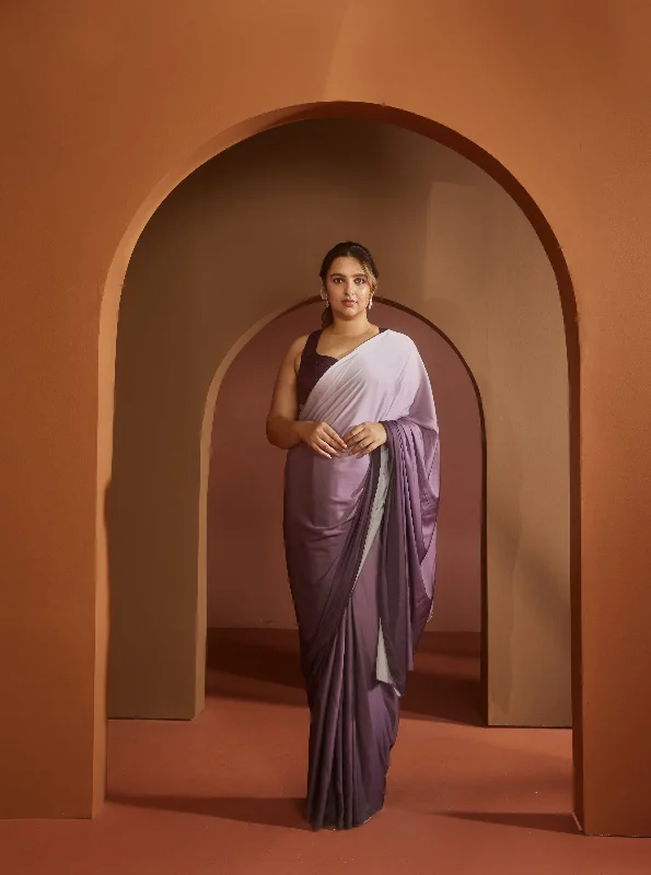 Yazrin Purple Ombre Satin Pre- Draped Saree Set