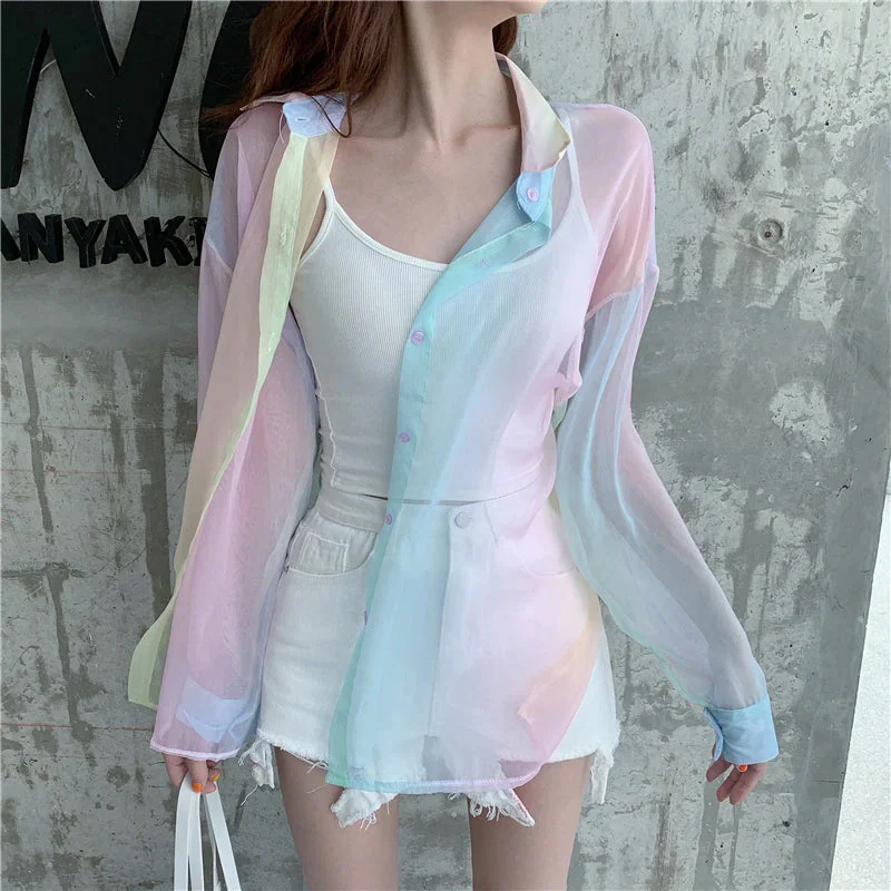 Flytonn-Graduation gift, dressing for the Coachella Valley Music Festival,Rainbow Colors Sexy Transparent Blouse Shirt