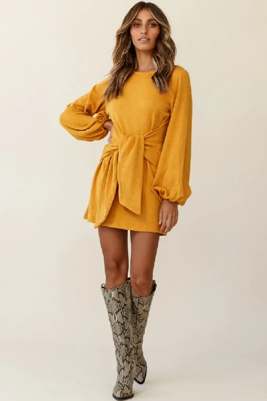 Rapt Waist Tie Knit Dress Mustard