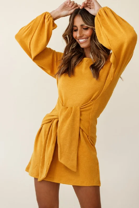 Rapt Waist Tie Knit Dress Mustard