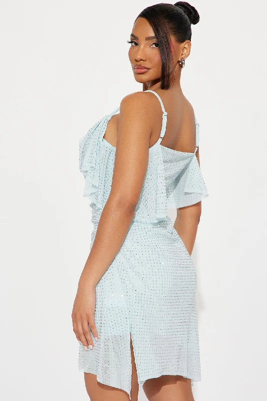 Raven Rhinestone Mesh Mini Dress - Light Blue