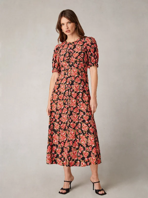 Red Rose Print Ruched Front Midi Dress