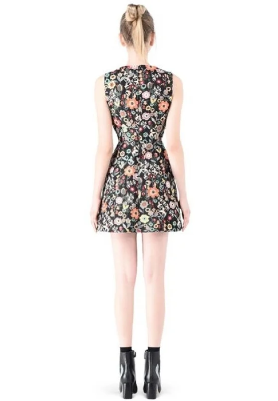 Black Floral Jacquard Fancy Flower Mini Dress