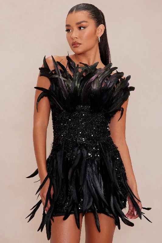 Renee Sequin Feather Mini Dress - Black