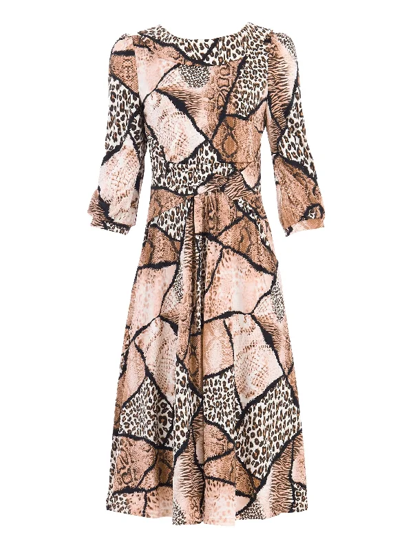 Roll Collar Printed Jersey Dress, Brown Pattern