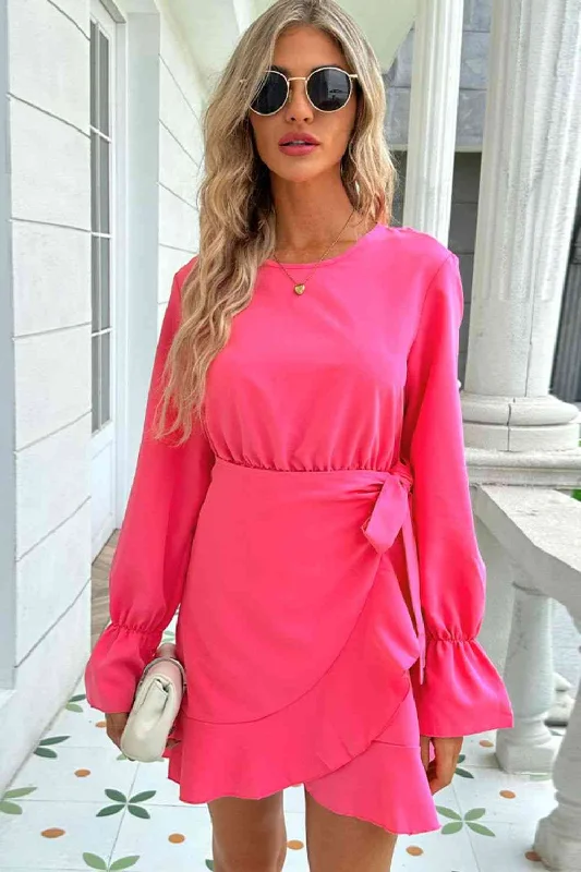 Round Neck Flounce Sleeve Ruffle Hem Mini Dress