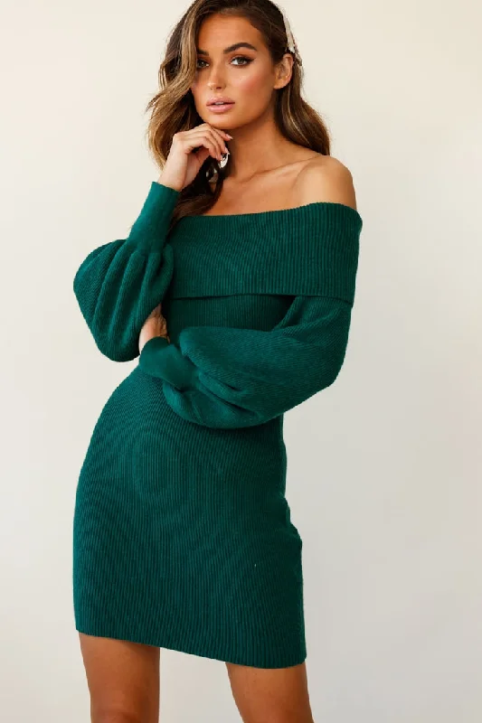 Runaway Off Shoulder Balloon Sleeve Knit Dress Forest Green