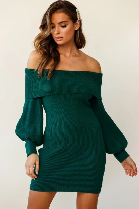 Runaway Off Shoulder Balloon Sleeve Knit Dress Forest Green