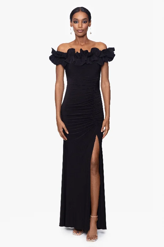 ""Ruthie"" Long Jersey Knit Off the Shoulder Ruffle Top Dress