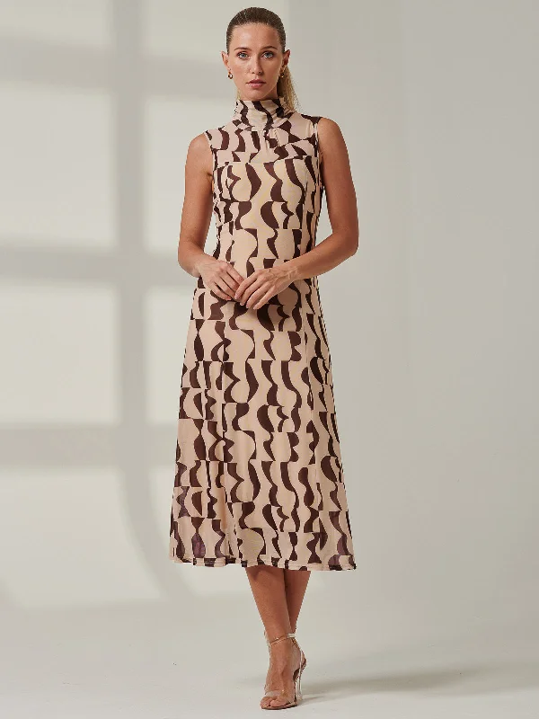 Sample Sale - Abstract Turtleneck Maxi Dress, Brown Geo